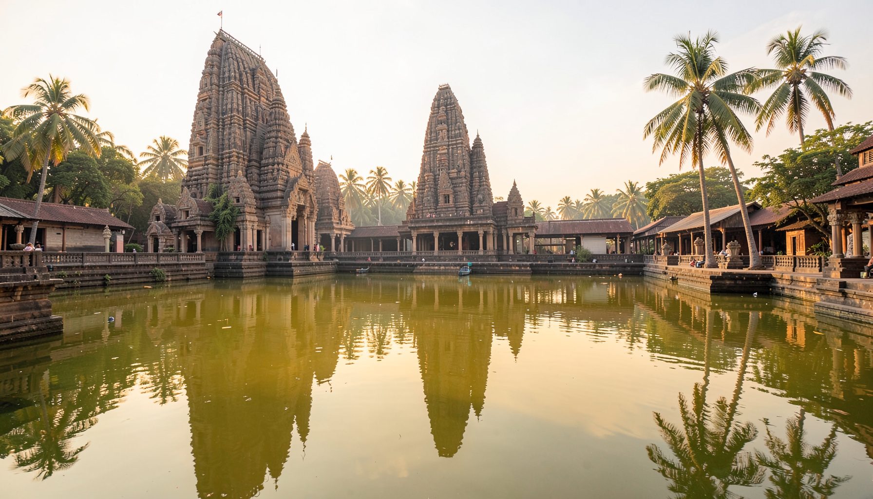 Wide view of a serene South Indian temple tank with golden-tinged calm water reflecting a towering gopuram and coconut palms