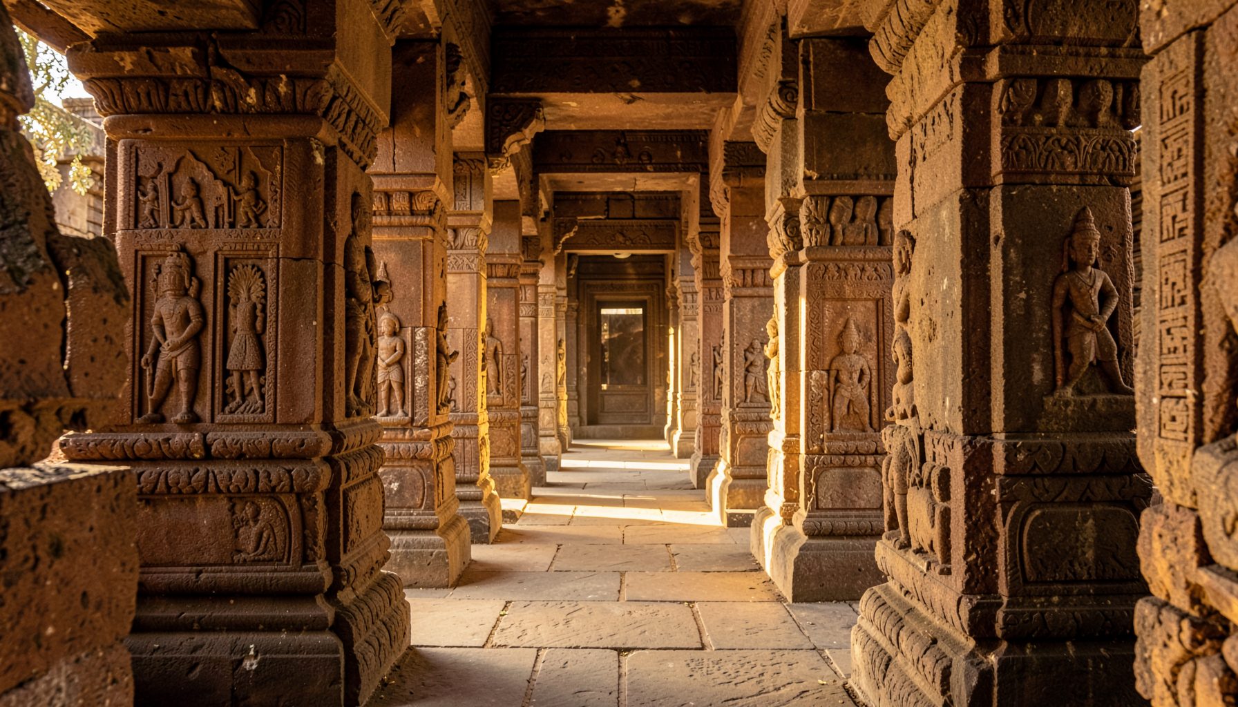 Sunlit stone corridor of an ancient South Indian temple with carved granite pillars, warm golden light filtering through