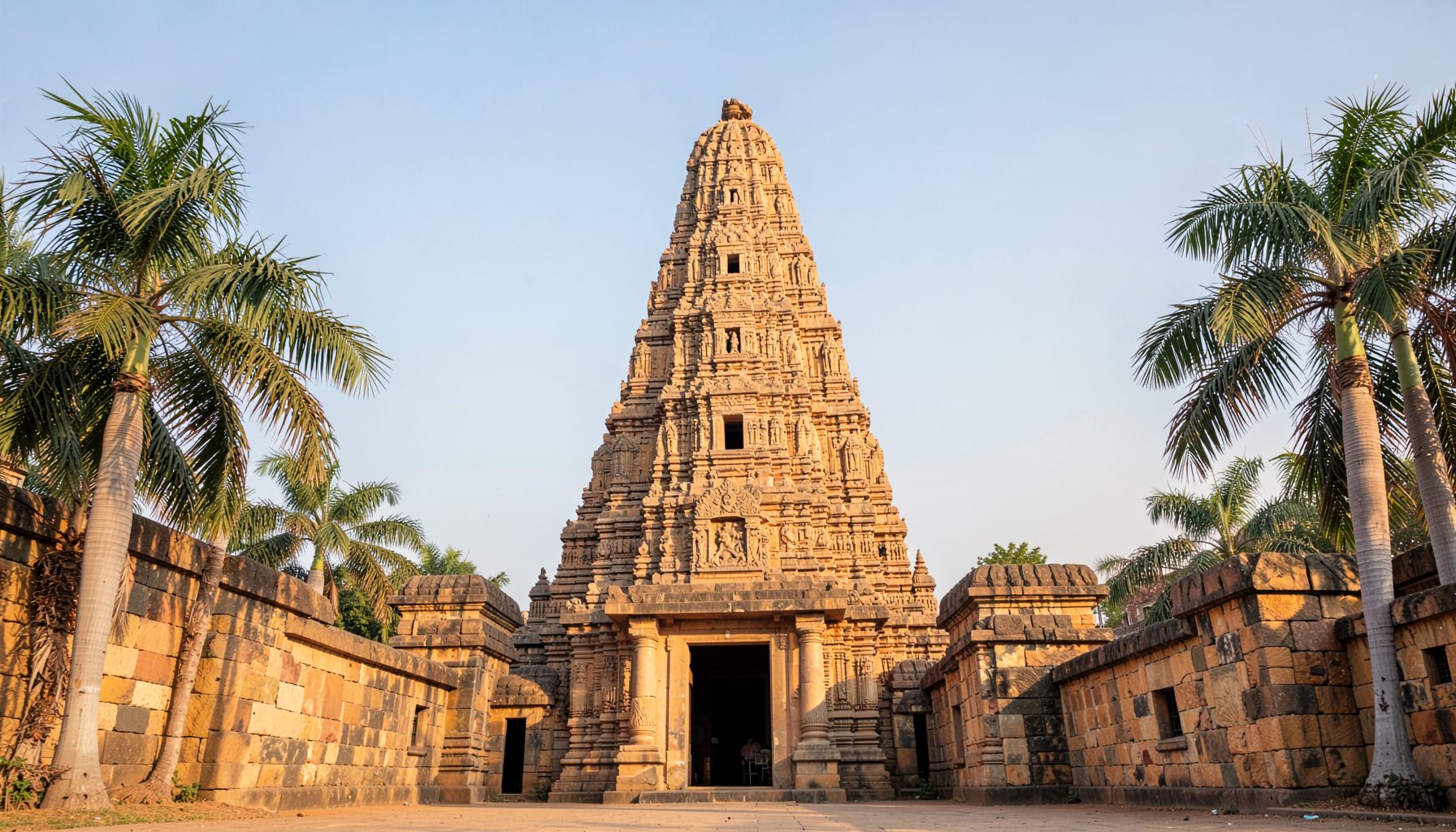 Wide view of an ancient South Indian temple gopuram rising above stone walls, warm golden sandstone tones against a soft sky