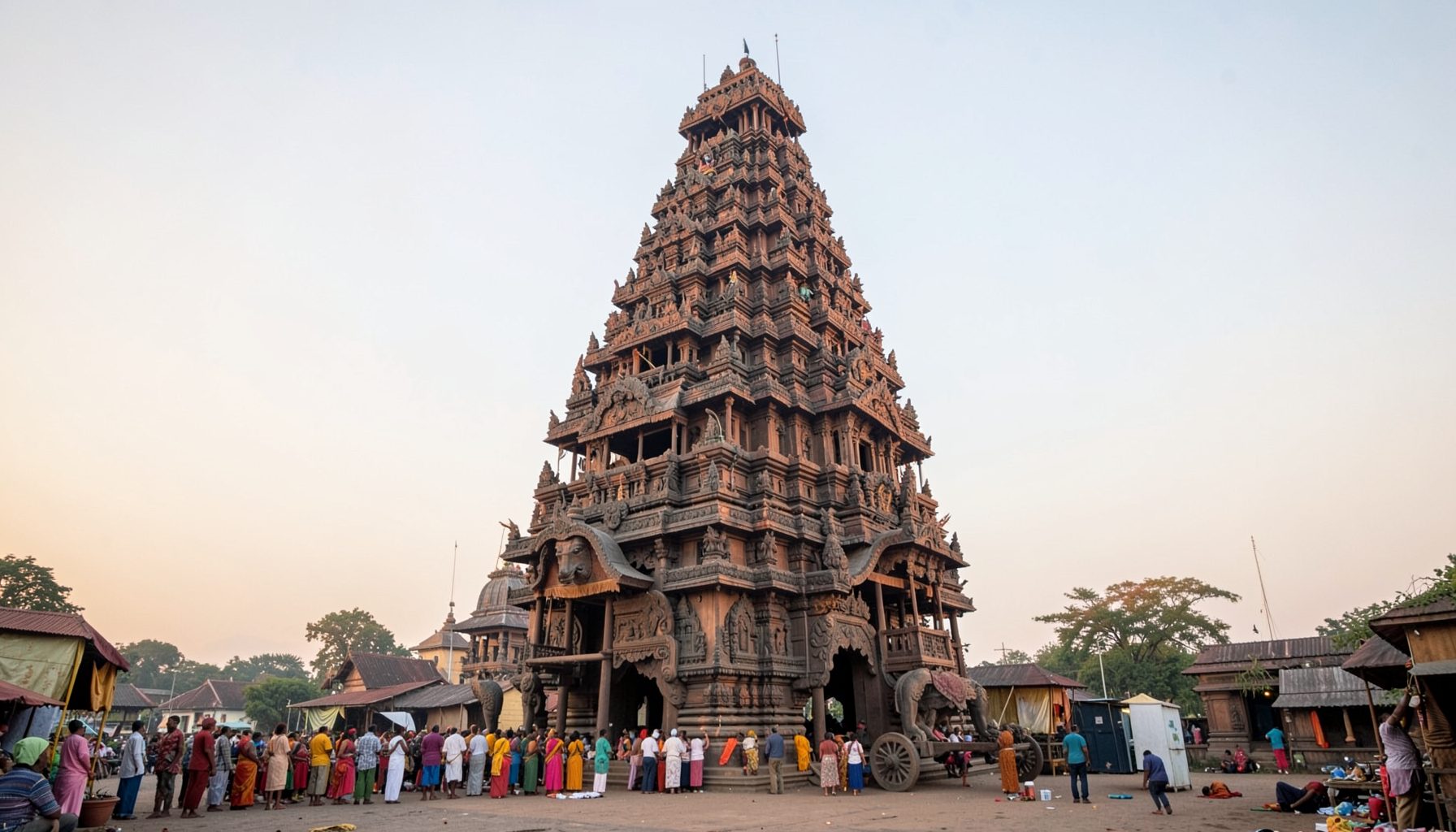 The towering temple chariot of Thiruvarur, an enormous wooden structure with intricate carvings, standing against a pale sky