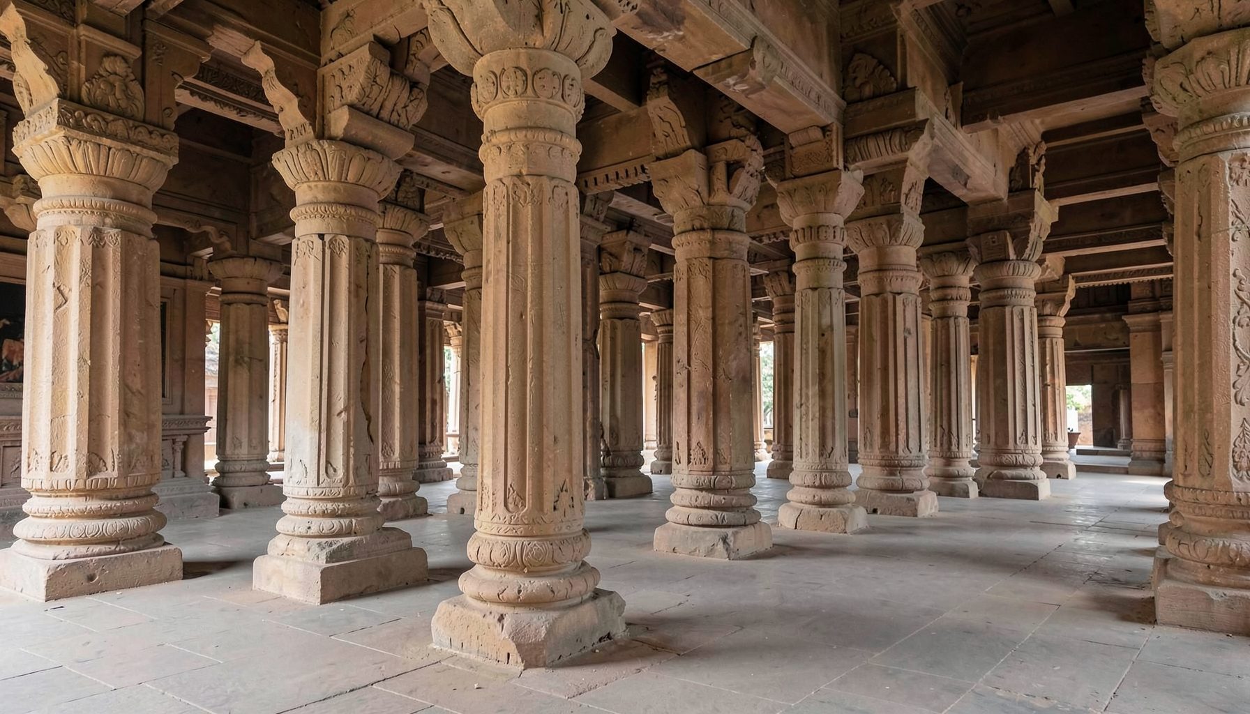 Rows of carved stone pillars inside a temple mandapam, soft shadows and muted sandstone hues