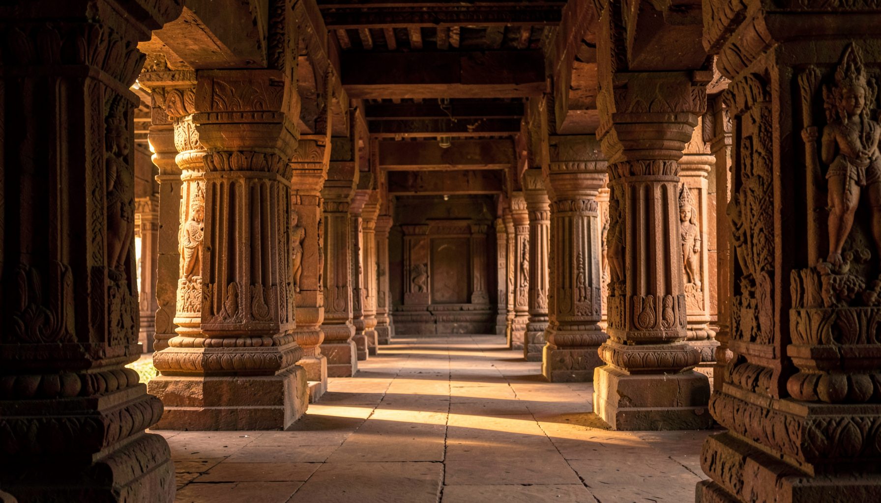 Warm golden light filtering through carved stone pillars of an ancient South Indian temple corridor, deep browns and ochre tones