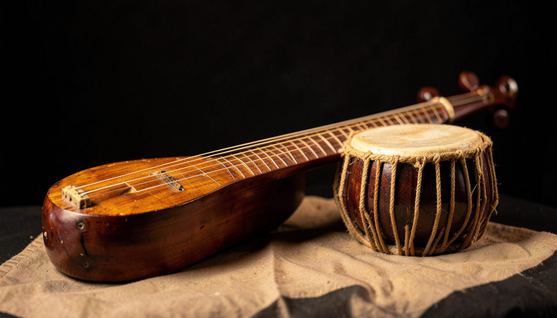 Warm golden-brown tones of traditional South Indian classical instruments — a veena and mridangam resting on a simple cloth, evoking the devotional music of the Carnatic trinities.