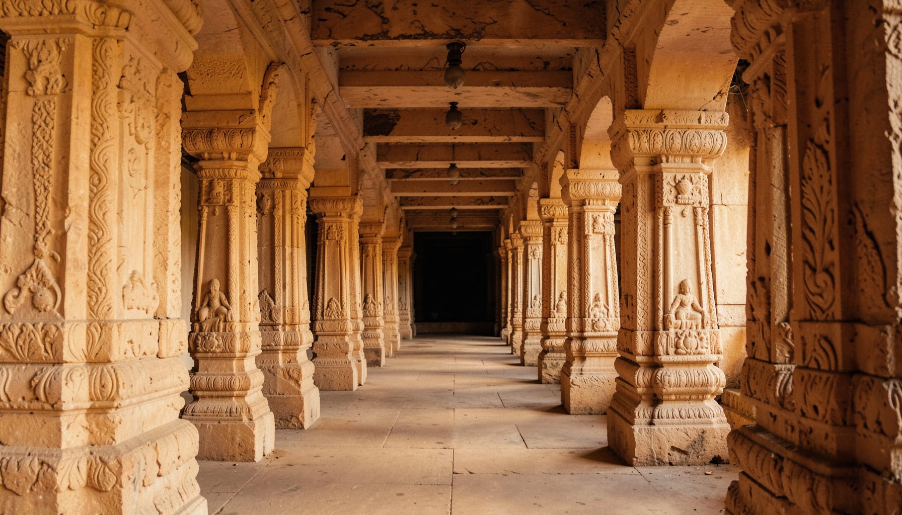 Soft amber and ivory tones of an ornate temple corridor with carved stone pillars receding into shadow, suggesting the sacred atmosphere that nurtured Carnatic music.