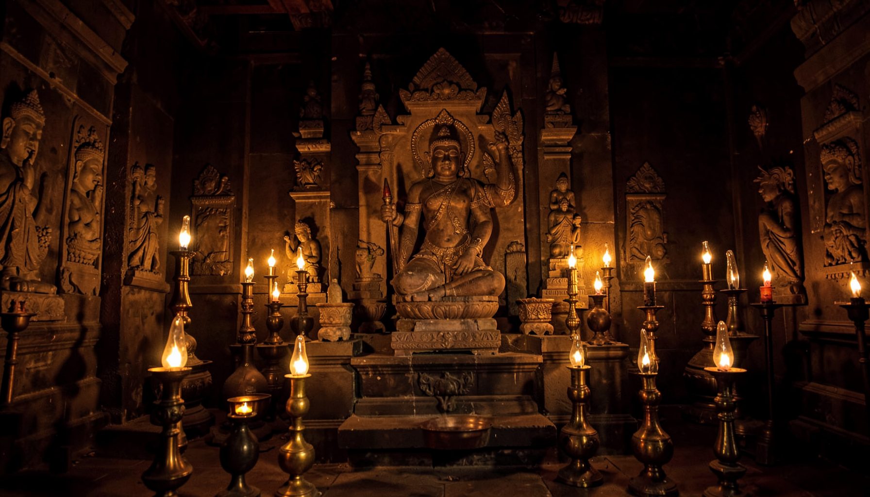 Rows of oil lamps glowing warmly before a stone deity shrine, deep amber and brass tones against shadowed temple walls